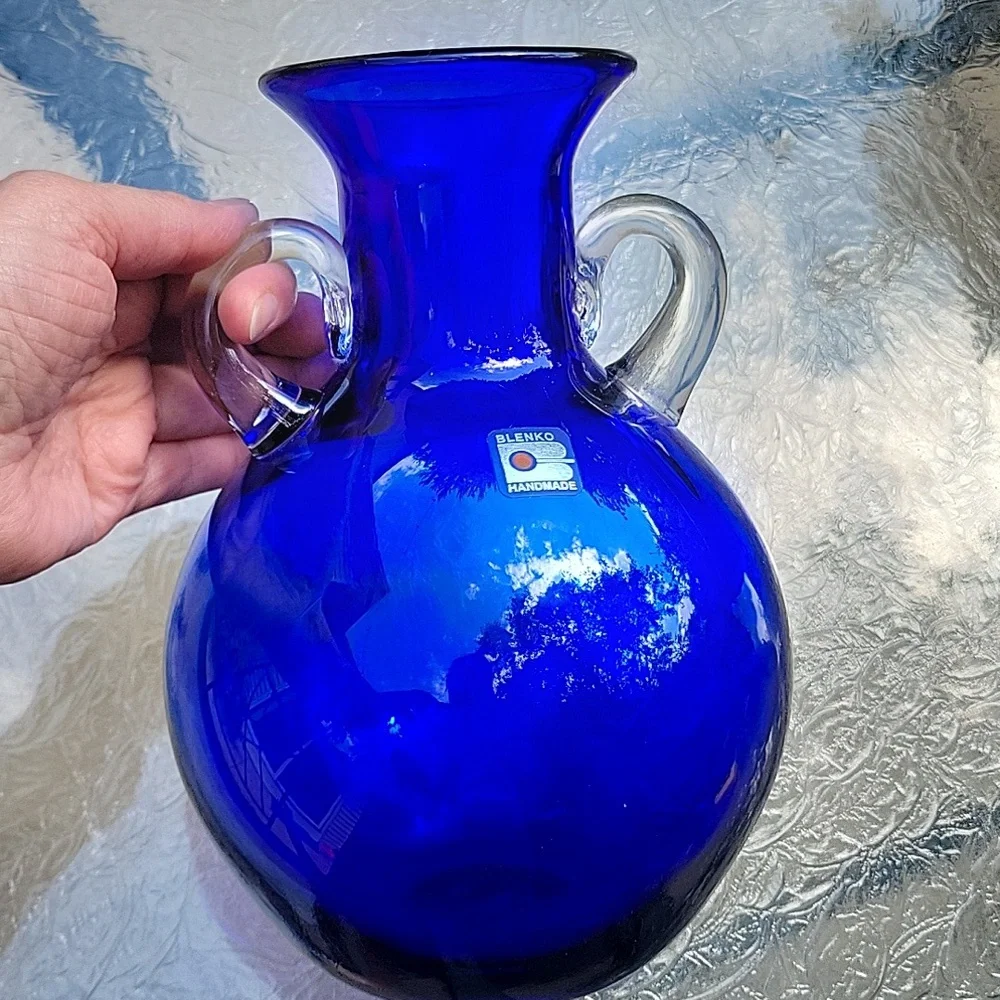 Vintage Blenko Cobalt Blue Clear Crystal Handmade Blown Glass Vase Urn Rare 8x6